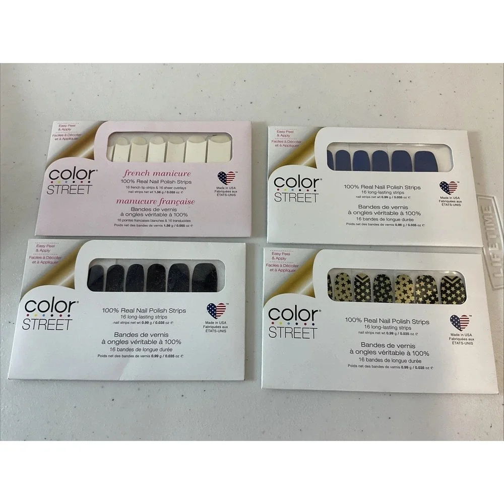 Color Street 100%‎ Real Nail Polish Strips - Lot of 4 NEW french, Gold, purple